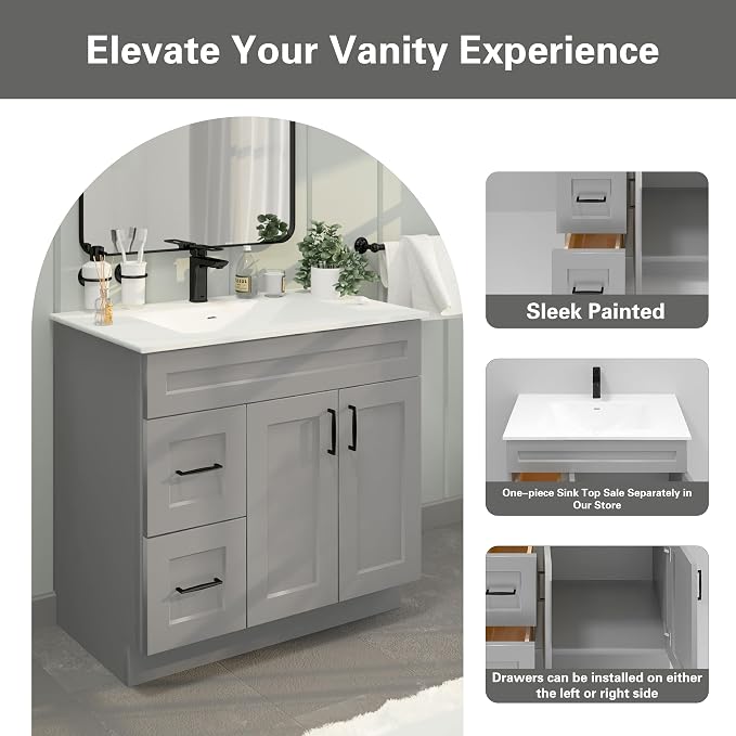 36" Light Grey Shaker Bathroom Vanity Base – Ready-to-Assemble Sink Cabinet with Drawers, Freestanding Bathroom Vanity Base Only, No Top or Sink