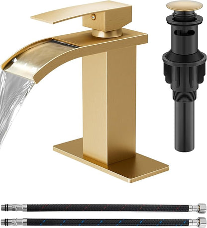 Waterfall Bathroom Faucet 1 Hole, Single Hole Bathroom Faucet, Single Handle Vanity Sink Faucet with Deck Plate, Pop-up Drain & Supply Lines, Gold