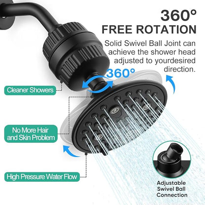 Cobbe 6-Setting High Pressure Filtered Shower Head Combo, Detachable Rain Shower Head with 20 Stage Shower Head Filter for Hard Water - Remove Chlorine and Harmful Substances, Black | Rain Showerheads with 20 Stage Water Softener for Healthier Skin & H...