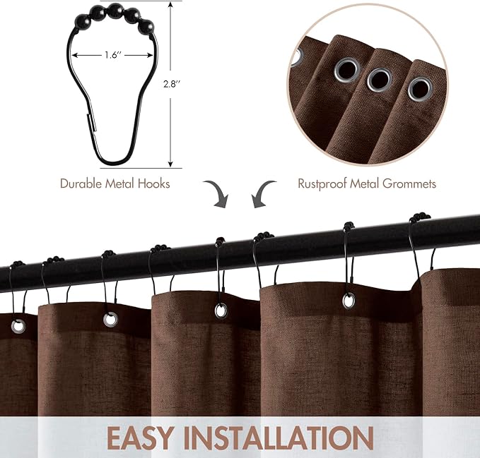 MIULEE 84" Long Brown Scalloped Linen Shower Curtain 72W x 84L | 12 metal hooks, Linen scalloped, waterproof washable, thick heavy cloth, black border, boho farmhouse, bathroom hotel use