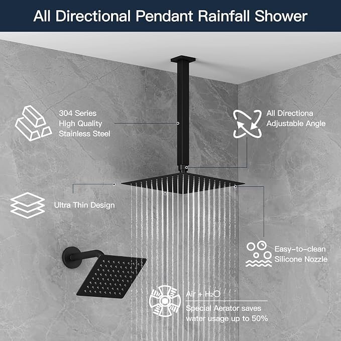 Shower Faucet Set Shower System, Push Button Diverter Shower Faucet | with 2 in 1 Handheld Shower Ceiling Mount 10 Inch Shower Head with 6 Inch Wall Mount Shower Head Double Matte Black