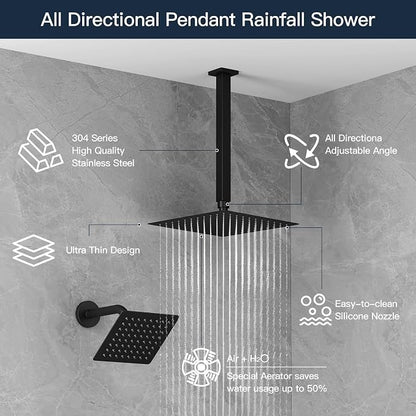 Shower Faucet Set Shower System, Push Button Diverter Shower Faucet | with 2 in 1 Handheld Shower Ceiling Mount 10 Inch Shower Head with 6 Inch Wall Mount Shower Head Double Matte Black