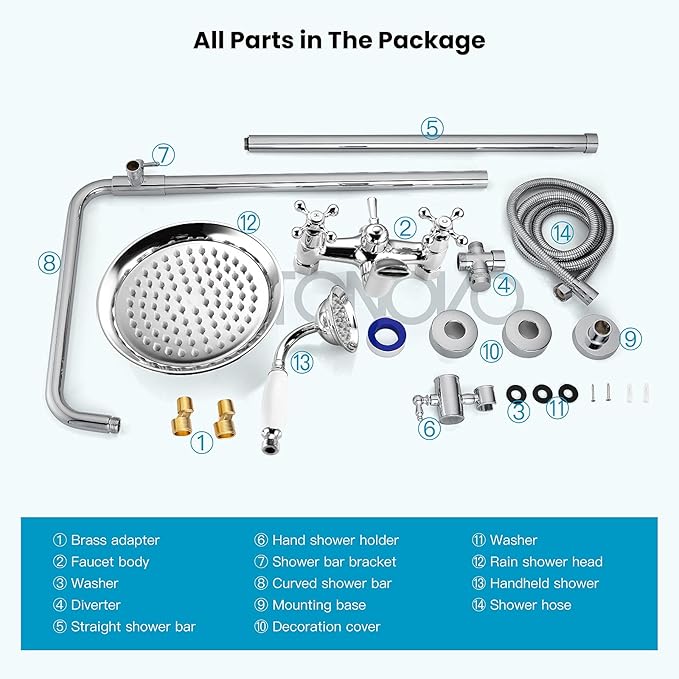 gotonovo Bathroom Exposed Shower Faucet Outdoor Shower System 8 Inch Rainfall Shower Head Set with Tub Spout and Handheld Spray Double Cross Handles Wall Mount without Shower Shelf Polished Chrome