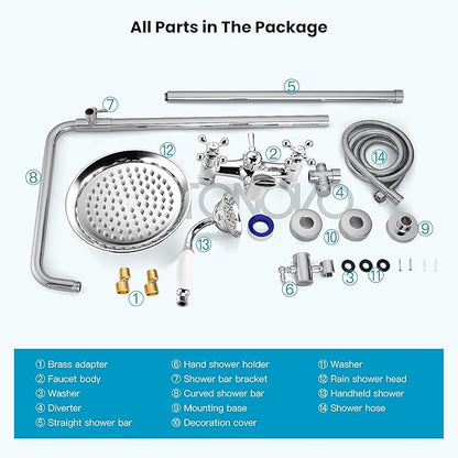 gotonovo Bathroom Exposed Shower Faucet Outdoor Shower System 8 Inch Rainfall Shower Head Set with Tub Spout and Handheld Spray Double Cross Handles Wall Mount without Shower Shelf Polished Chrome