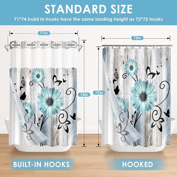 No Hook Shower Curtain with Snap in Liner 71x74 Inch Flower Teal | Rustic Daisy Farmhouse Modern Double Layers Waterproof Fabric with See Through Top Window Open Grommet Bath Curtain