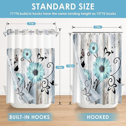 No Hook Shower Curtain with Snap in Liner 71x74 Inch Flower Teal | Rustic Daisy Farmhouse Modern Double Layers Waterproof Fabric with See Through Top Window Open Grommet Bath Curtain
