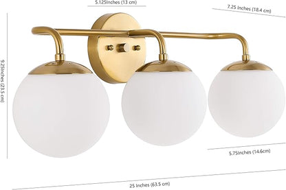 JONATHAN Y 25" Brass Gold Modern Globe Wall Sconce Vanity Light for Bathroom, White Frosted Glass Shade, Midcentury Parisian Bistro Wall Lamp, LED Bulb Included (JYL3536A)