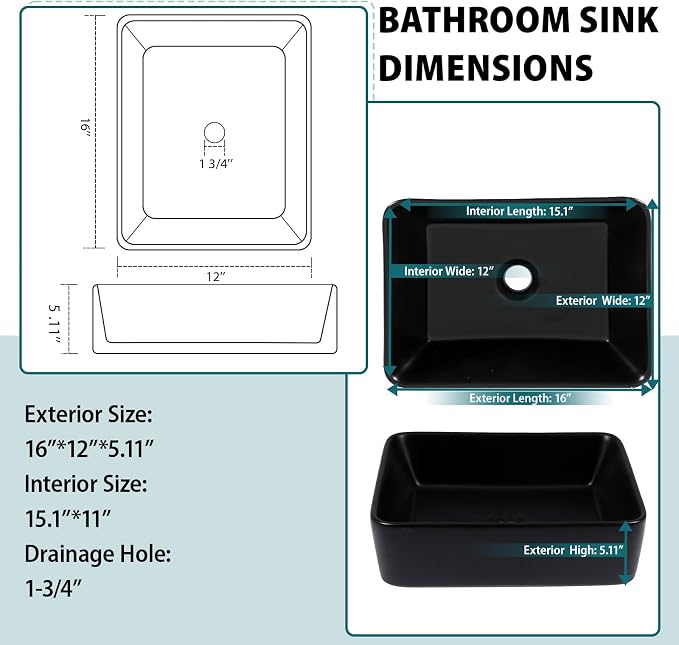 16x12 Black Ceramic Topmount Bathroom Vessel Sink | Black Drop in Top Mount Over Counter Rectangle Bathroom Sink
