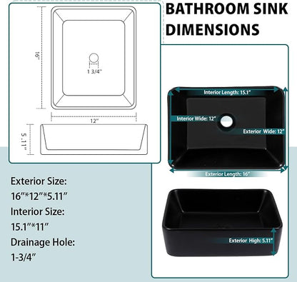 16x12 Black Ceramic Topmount Bathroom Vessel Sink | Black Drop in Top Mount Over Counter Rectangle Bathroom Sink
