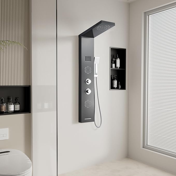 POPFLY Shower Panel Tower System with LED MIST & RAIN Shower Head, 2 Body Jets with LED, Tub Spout and Temperature Display, Water Powered Led Shower Tower Column Stainless Steel, Black