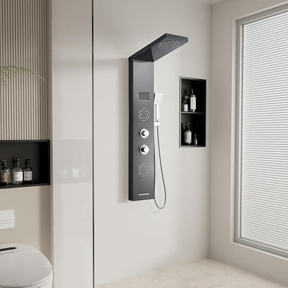 POPFLY Shower Panel Tower System with LED MIST & RAIN Shower Head, 2 Body Jets with LED, Tub Spout and Temperature Display, Water Powered Led Shower Tower Column Stainless Steel, Black