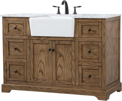 48" Pre-Assembled Bathroom Vanity with Sink, Solid Birch and MDF, Carrara White Marble Countertop Attached, Single Rectangle Porcelain Sink, 6 Soft-Close Drawers, Driftwood