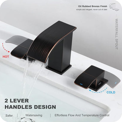 8 Inch Waterfall Bathroom Faucets 3 Hole - Oil Rubbed Bronze Widespread Bathroom Faucet with Pop-up Drain, Two Handles Bathroom Sink Faucet, Modern Vanity Sink faucets with Supply Lines