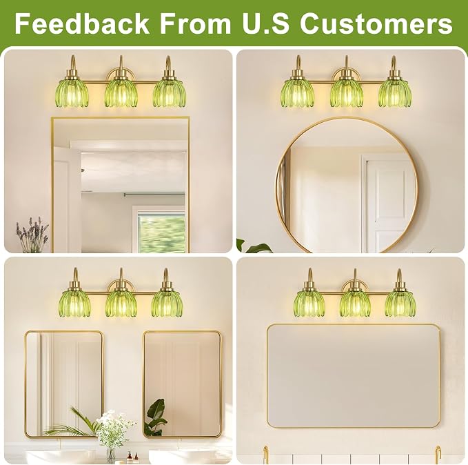 Bathroom Light Fixtures (3-Light, 20 Inch), Brushed Gold Vanity Lights for Bathroom with Ribbed Green Tulip Glass Shade, Vintage Vanity Wall Lights for Mirror Bedroom Living Room Hallway