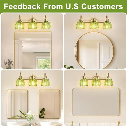 Bathroom Light Fixtures (3-Light, 20 Inch), Brushed Gold Vanity Lights for Bathroom with Ribbed Green Tulip Glass Shade, Vintage Vanity Wall Lights for Mirror Bedroom Living Room Hallway