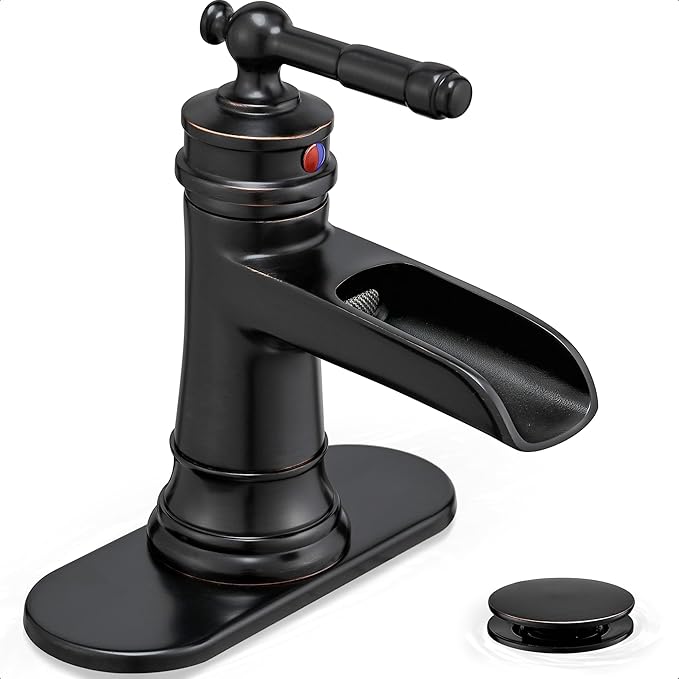 Waterfall Faucet, Brass Oil Rubbed Bronze Bathroom Faucet 1 Hole, Single Handle Bathroom Faucets, 4 Inch 3 Hole Bathroom Sink Faucet with Pop Up Drain Deck Plate & Supply Hoses for Farmhouse