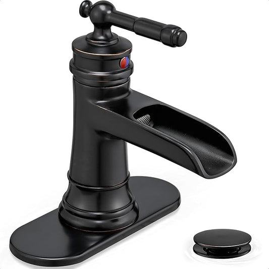 Waterfall Faucet, Brass Oil Rubbed Bronze Bathroom Faucet 1 Hole, Single Handle Bathroom Faucets, 4 Inch 3 Hole Bathroom Sink Faucet with Pop Up Drain Deck Plate & Supply Hoses for Farmhouse