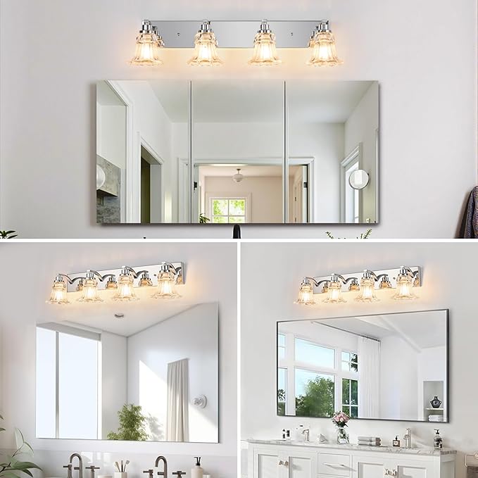 Vintage 4-Light Bathroom Vanity Light, Chrome Bathroom Light Fixtures with Floral Clear Glass Shades, Antique Wall Sconce Fixtures for Dressing Table, Bedroom