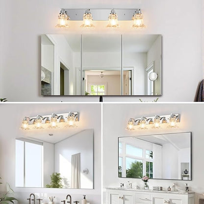 Vintage 4-Light Bathroom Vanity Light, Chrome Bathroom Light Fixtures with Floral Clear Glass Shades, Antique Wall Sconce Fixtures for Dressing Table, Bedroom