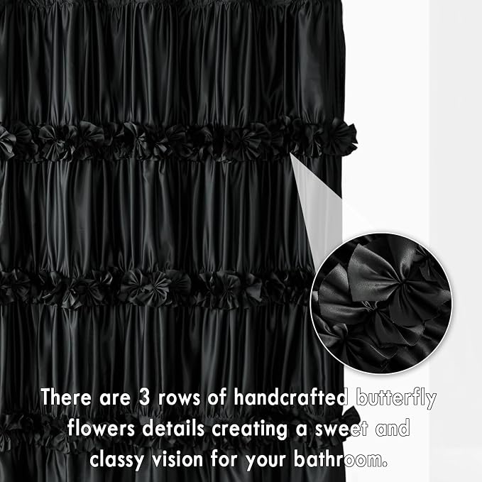 Black Ruffle Shower Curtain 60" W x 72" L Stall Size | Vintage Handcrafted Bow Tie, Ruched Satin Bathroom Curtain with 10 Buttonholes, Machine Washable and Dry Quickly (LQ-10)
