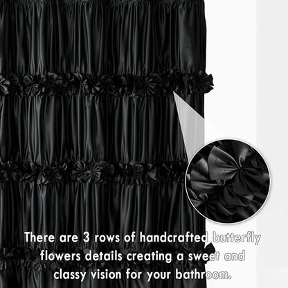 Victorian Ruffle Black Shower Curtain 72x78 Inches Long | Vintage Handcrafted Bow Tie Bath Curtain for Master Bathroom, Ruched Satin Bathroom Curtain with 12 Buttonholes (LQ-10)