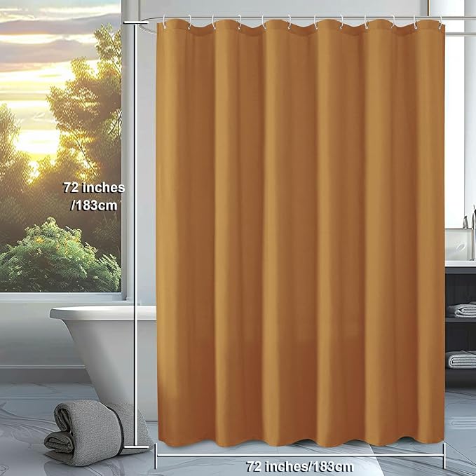 OVZME Zora Solid Gold Shower Curtain for Bathroom, Fabric Shower Curtain- Soft Cloth & Hotel Spa Quality, Water Repellent, Machine Washable Shower Curtain Set with 12 Hooks, Grommets Top, 72Wx72L