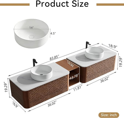 84 Inch Double Vanity with Sink Set, Floating Bathroom Sink Cabinet with Sintered Stone Top&Solid Wood Hammered Frame, Double Bathroom Vanities w/Soft-Close Drawers&1 Side Open Cube
