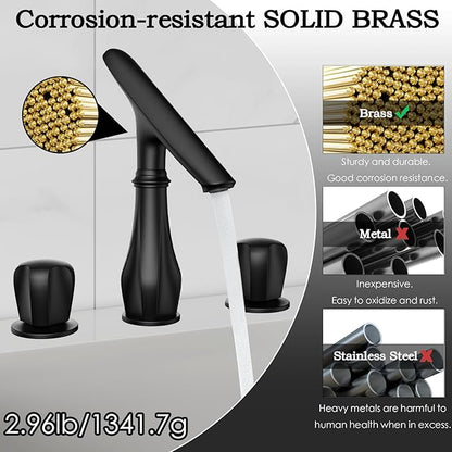 Black Bathroom Faucet 3 Hole, 8 inch Widespread Bathroom Sink Faucet with Adjustable Spout, Solid Brass Modern Faucet for Bathroom Sink with Supply Hoses and 2 Handles