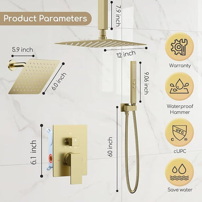Shower Faucet Sets Shower Systems Brushed Gold,Bostingner Five Functions Knob Diverter Shower Sets with 2 in 1 Handheld Spray,12'' Ceiling Mount and 6'' Wall Mount Rainfall Dual Shower Faucet Trim Kit