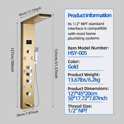 LED 5-in-1 Shower Panel Tower System,Brushed Gold | 304 Stainless Steel Shower Panel Tower Column with Powerful Body Jets, Rainfall, Waterfall,Handheld and Tub Spout