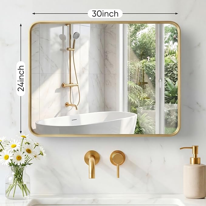 Sweetcrispy Bathroom Mirror 30x24 Inch, Vanity Mirror for Wall | Metal Framed Rounded Rectangle, Over Sink, Farmhouse, Restroom, Anti-Rust, Horizontal or Vertical Hanging, Gold