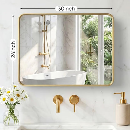 Sweetcrispy Bathroom Mirror 30x24 Inch, Vanity Mirror for Wall | Metal Framed Rounded Rectangle, Over Sink, Farmhouse, Restroom, Anti-Rust, Horizontal or Vertical Hanging, Gold