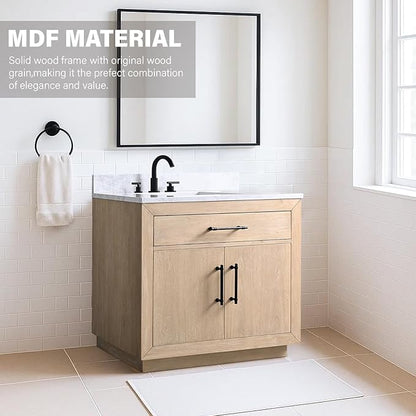 HOMEBEYOND 36 Inch Bathroom Vanity with Single Sink & Ceramic Top, MDF Material Vanity Cabinet with Basin Combo, Soft-Closing Doors, Removable Shelf, Backsplash