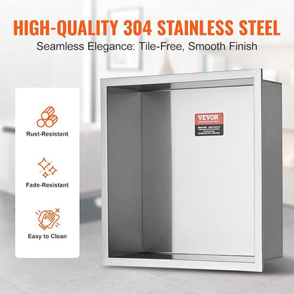 VEVOR Shower Niche No Tile Needed, Stainless Steel Niche for Shower Wall, Sealed Waterproof Rust-Resistant Bathroom Niche for Storage, 13x13'' Single Shelf