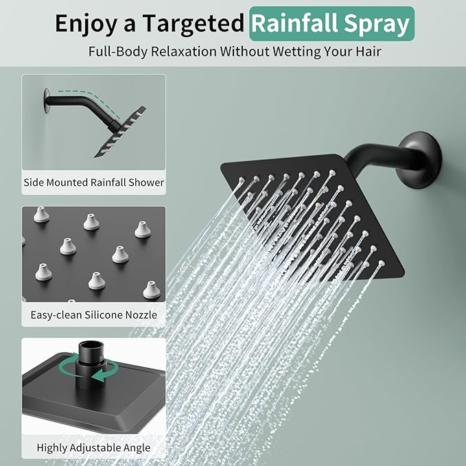 Shower Faucet Set Shower System - SR SUN RISE Matte Black Shower Trim Kit with Dual Shower Head, 12'' Ceiling Rainfall 6'' Wall Mount with Handheld Shower for Couples, Complete 6 Diverter Valve