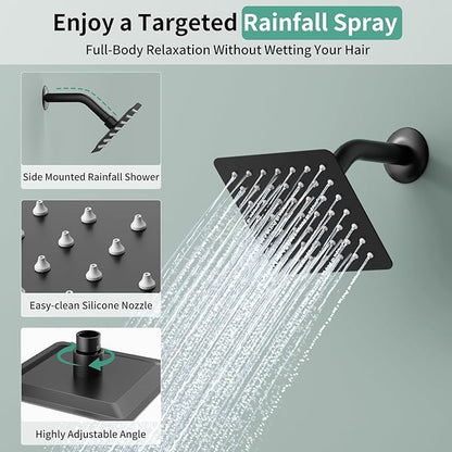 Shower Faucet Set Shower System - SR SUN RISE Matte Black Shower Trim Kit with Dual Shower Head, 12'' Ceiling Rainfall 6'' Wall Mount with Handheld Shower for Couples, Complete 6 Diverter Valve