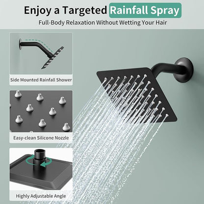 Shower Faucet Set Shower System - SR SUN RISE Matte Black Shower Trim Kit with Dual Shower Head, 10'' Ceiling Rainfall 6'' Wall Mount with Handheld Shower for Couples, Complete 6 Diverter Valve