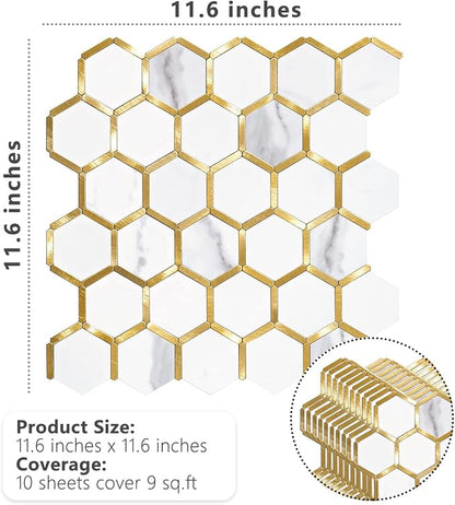 STICKGOO Hexagon Peel and Stick Backsplash Tile, Stick on Backsplash for Kitchen and Bathroom, White Marble Look PVC Mixed Metal Gold Self Adhesive Metal Mosaic Tiles(6 Sheets, Seamless)
