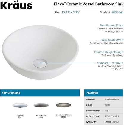 Kraus KCV-341-BN Modern Elavo Ceramic Small Round Vessel Bathroom Sink with Pop Up Drain, Brushed Nickel/White