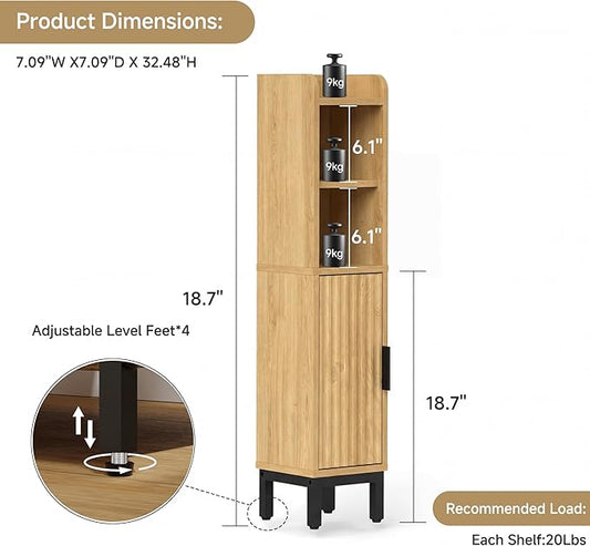 Small Bathroom Storage Cabinet, Corner Narrow Toilet Paper Floor Cabinet with Door and Shelves,Bathroom Organizer with Adjustable Shelf, for Small Spaces (Oak, 4-Tier)