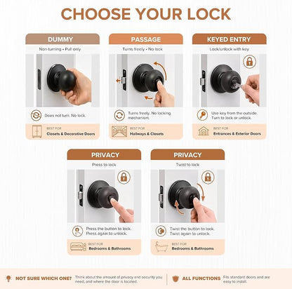 Copper Creek Colonial Privacy Interior Door Knob – ANSI Grade-3 Certified, Modern Heavy Duty Handle, Easy Install and Reversible for Bedroom, Bathroom and Closets – Matte Black (6 Pack)