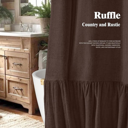 Farmhouse Shower Curtain Ruffle Linen Flax Brown 72" W x 72" L | Linen Fabric, Farmhouse Boho, Bottom Ruffle, Rustic, Country, Natural Look, Washable, Shower Curtain for Bathroom Bathtub