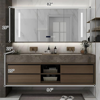 84IN Double Sink Bathroom Vanity, Floating Modern Bathroom Vanity Include Smart Defog Mirror Cabinet with LED Light, Solid Wood Vanities with Integrated Sink and Drawers Storage
