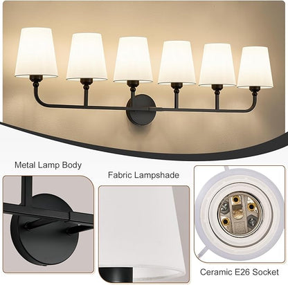 Bathroom Vanity Light, Matte Black Bathroom Light Fixtures, 6-Light Lighting Fixtures Over Mirror, Modern Wall Sconce with Flared White Fabric Shade, E26 Socket(ETL Listed)