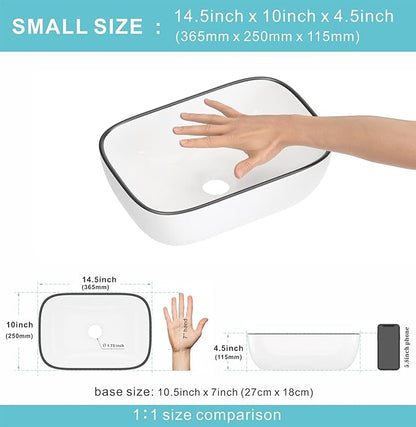 J-FAMILY 14.5'' x 10'' Bathroom Small Vessel Sink Above Counter White Porcelain Ceramic Sink Bowl Black Trim Decoration Small Vanity Sink Lavatory Wash Basin