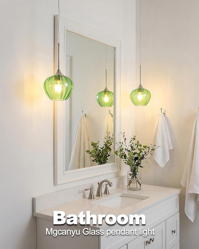 Green Pendant Lights Kitchen Island, 7.7" Vintage Glass Pendant Lighting with Brushed Nickel Adjustable Hanging Light Fixtures for Kitchen, Dining Room, Sink, Bathroom