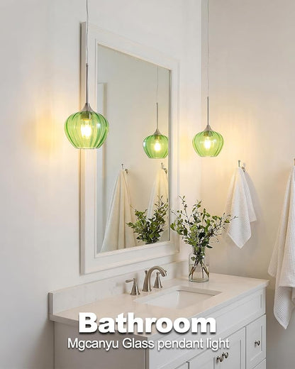 Green Pendant Lights Kitchen Island, 7.7" Vintage Glass Pendant Lighting with Brushed Nickel Adjustable Hanging Light Fixtures for Kitchen, Dining Room, Sink, Bathroom