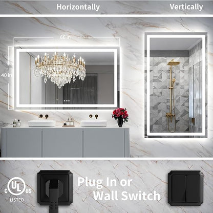 LED Mirror for Bathroom, 66x40 Inch Backlit + Front Lighted Bathroom Vanity Mirror with Lights for Wall, Double Light Strips, 3 Colors, Shatter-Proof, Anti-Fog and Brightness Memory
