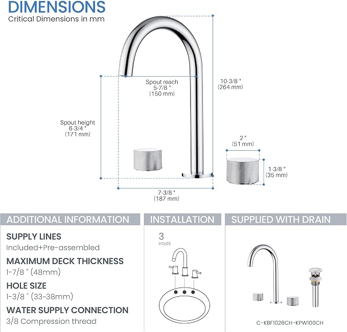 8-Inch Widespread Bathroom Sink Faucet with Drain Assembly, Solid Brass 2-Handle 3-Hole Vanity Faucet, Chrome Finish, Corrosion Resistant Bathroom Faucet