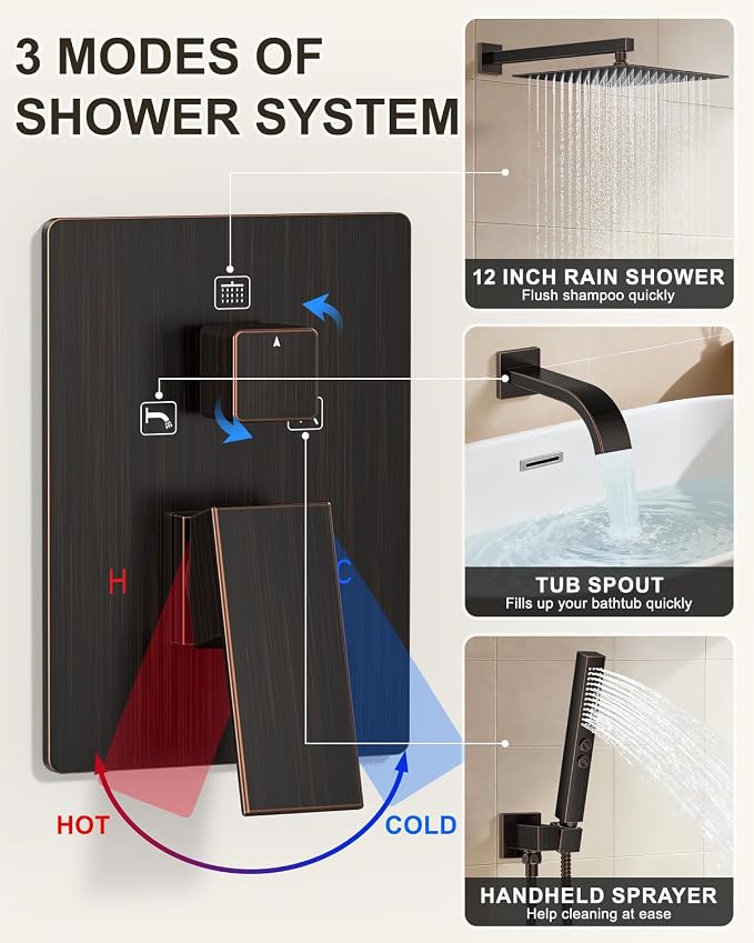 Oil Rubbed Bronze Shower System with Tub Spout, Wall Mounted Bathtub Faucet Set, 12" Rainfall Shower Head and Handheld Shower Combo, High Pressure Shower Fixtures Set with Rough-in Valve